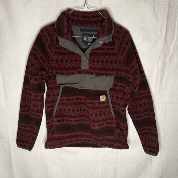 Carhartt Fleece Womans XS (0-2) Relaxed Fit Pullover Pouch Pocket Red Adjustable - Picture 1 of 5